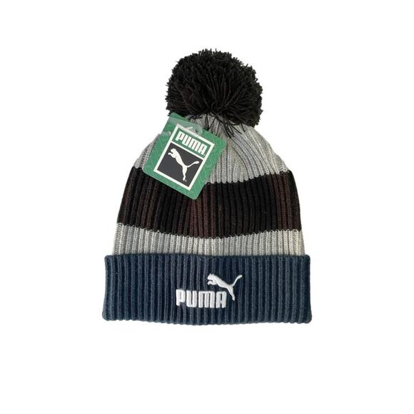 NWT Puma Kieran Stripped Blue Gray Black Pom-Pom Beanie Unisex Beanie Winter Hat - Picture 1 of 4